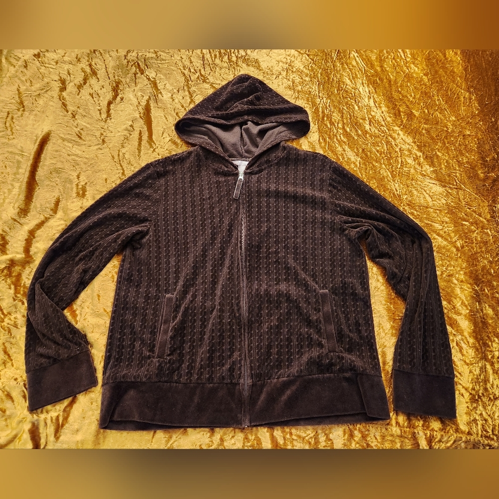 Vintage 1990s Brown Velour Zip Up Hoodie - Gem